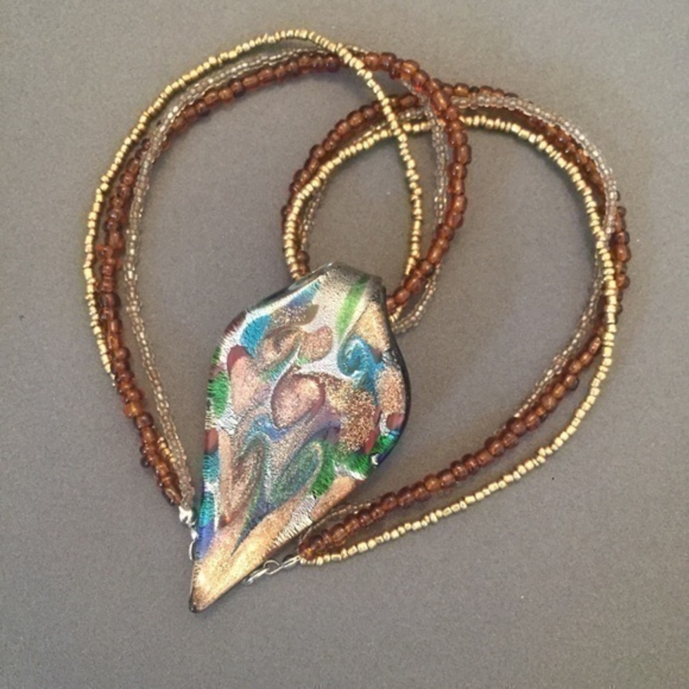 Gold And Brown Beaded Necklace With Shimmery Glass Pendent